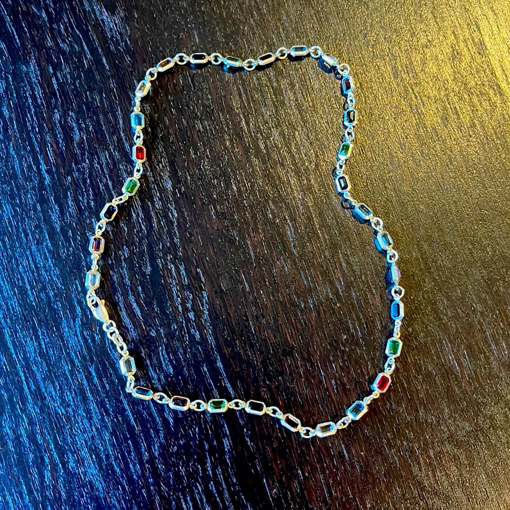 Silver and multicolored stone necklace, 17-in w/clasp